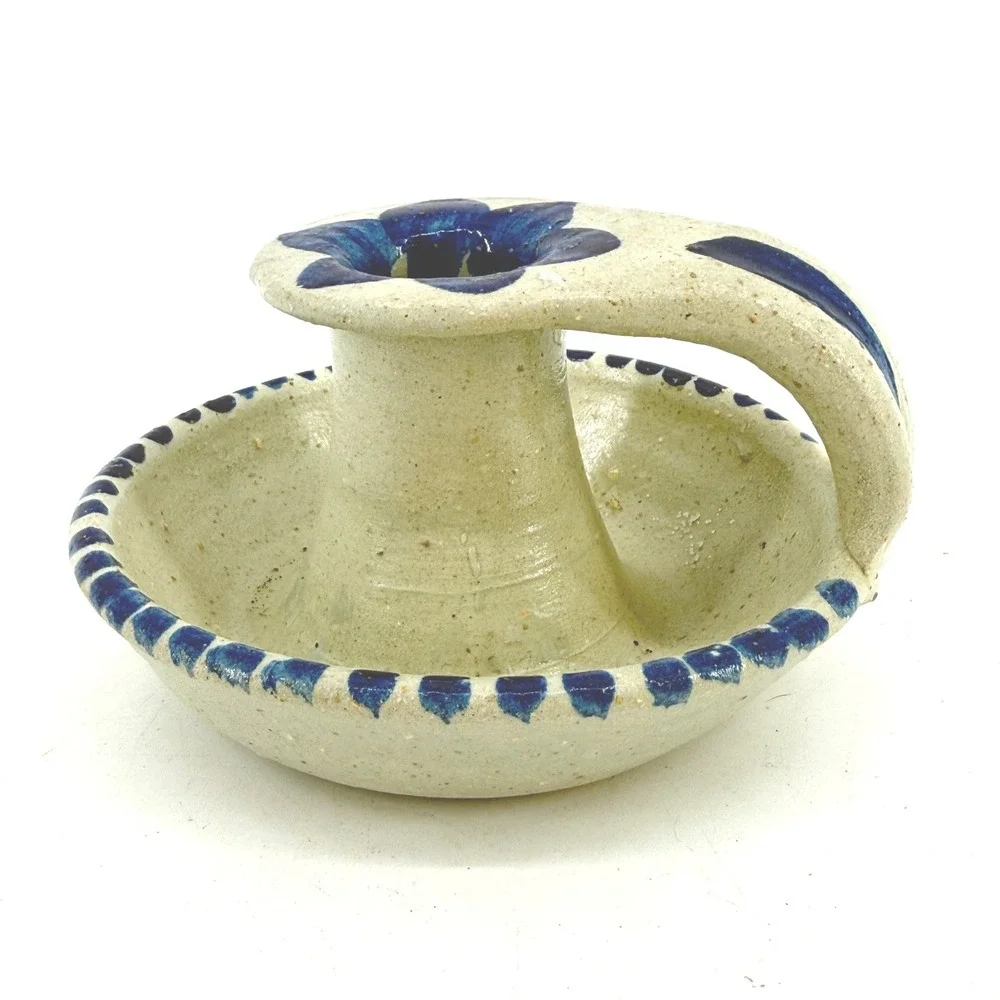 Williamsburg Pottery Stoneware Chamberstick Floral Salt Glaze Candle Holder Blue
